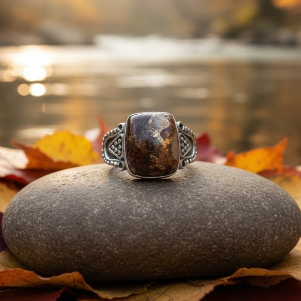 Fire Opal Matrix Sterling Silver Ring Earth Tones Whimsigoth Goth